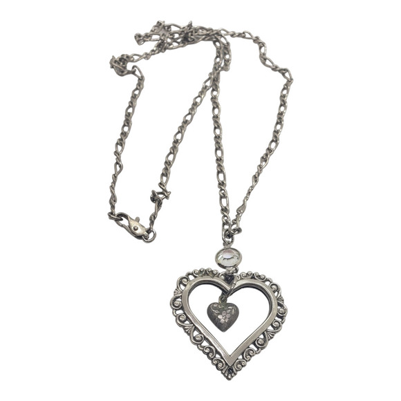 Vintage Puffy Heart Necklace Silver Filigree Ornate Openwork Swarovski Crystal - Picture 2 of 9